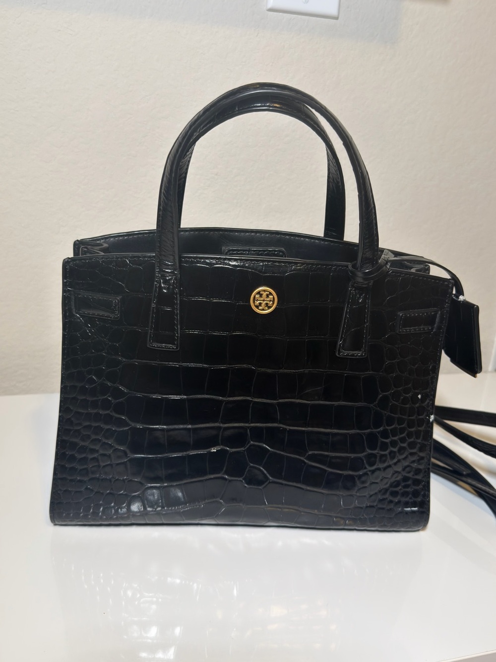 Tory Burch Black Croc-Embossed Leather Satchel with Gold Logo